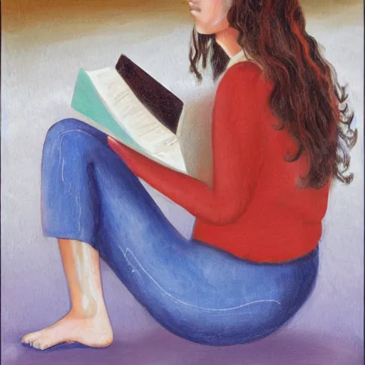 Prompt: a girl reading a book, hair flowing down, by jeff bridges