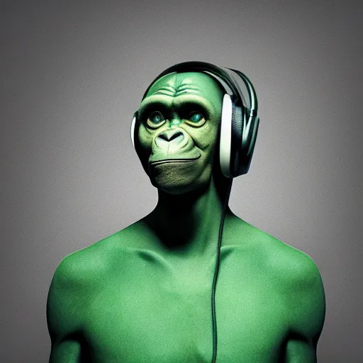 Image similar to a high quality photo of a green chimp wearing headphones, realism, 8k