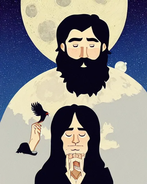 Prompt: portrait of a man with long black hair and beard holding his imaginary bird friend in his hands, full moon in the background, fine portrait, beautiful, realistic, by tomer hanuka