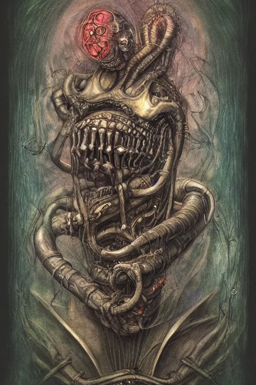 Image similar to maker who rumbles soul, painted by h. r. giger and brian froud and earle k. bergey and wendy froud, trending on artstation, dramatic black and olive lighting macro view blueprint, tintype, anaglyph filter, creature concept art, multiculturalism