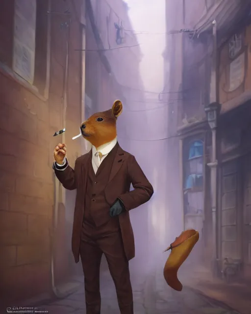 Image similar to oil painting of anthropomorphized capybara holding a smoking pipe, detective clothes, close shot, full body, dark london alley background, sharp focus, fantasy style, octane render, volumetric lighting, 8k high definition, by greg rutkowski, highly detailed, trending on art Station, dungeons and dragons artwork, centered