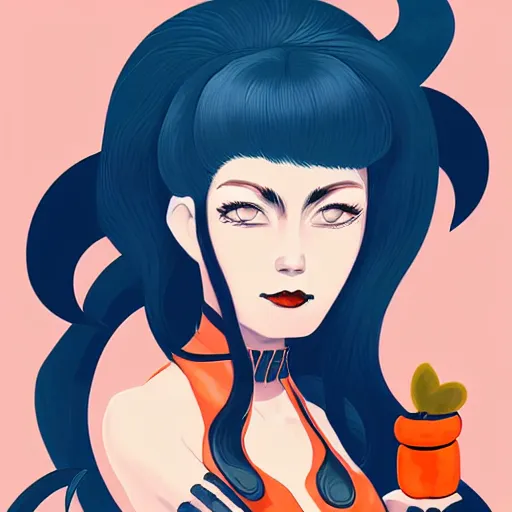 Image similar to illustrated portrait of ram-horned devil woman with blue bob hairstyle and her tangerine colored skin and with solid black eyes wearing leather by rossdraws