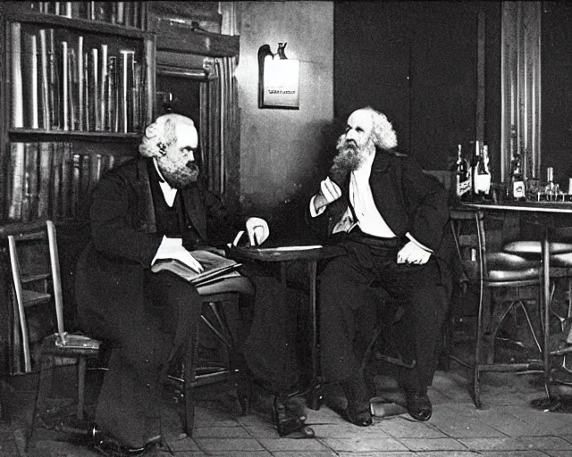 Image similar to karl marx chatting with aristotle in a bar, professional photography nighttime, noir photo, golden lights, calm feeling