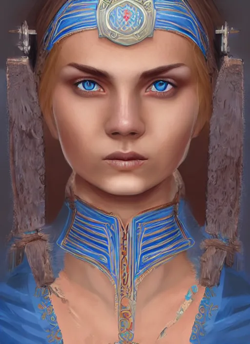 Prompt: full - body slavic young woman warrior in traditional slavic clothes, front, symmetrical, extremely detailed face, blue war paintings on face, beautiful face, short blonde hair, blue eyes, digital painting, true anatomy, behance frm 4 6, art by evgeny zubkov