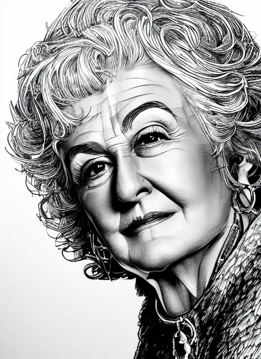 Image similar to highly detailed portrait of bea arthur, pen and ink illustration by simon bisley, global illumination, radiant light, detailed and intricate environment