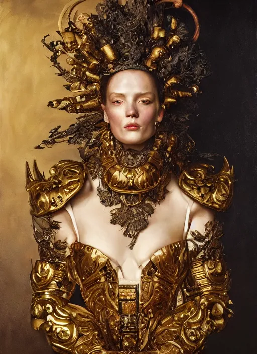 Prompt: highly detailed oil painting | very intricate | cinematic lighting | award - winning | football baroque armor fashion by alexander mcqueen | by roberto ferri, by tom bagshaw, by j. c. leyendecker and klimt, american romanticism, by austin osman spare, artstation, cgsociety, official art, octane