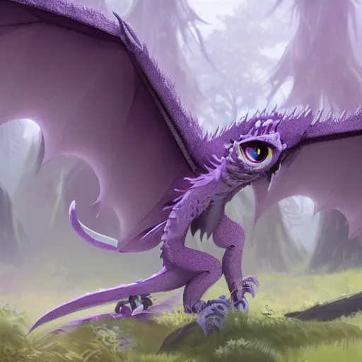 Image similar to concept art painting of an anthropomorphic purple gray dragon owl creature, in the deep forest, realistic, detailed, cel shaded, in the style of makoto shinkai and greg rutkowski and james gurney