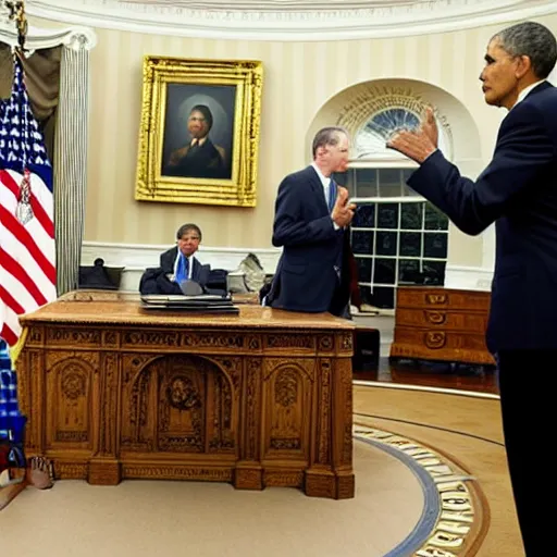 Image similar to photo of president obama in the oval office fighting a man dressed in a swiss cheese costume