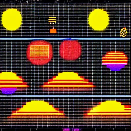 Prompt: planets into a black hole, 8 bits NES graphic, platform game, very low saturation, gradient, motion blur, color displacement