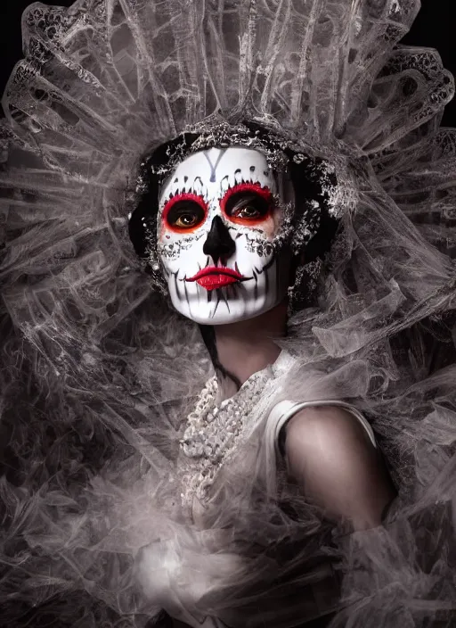 Image similar to a Photorealistic dramatic hyper realistic render of a glamorous Mexican Catrina, smoke by Ken Brower and Deborah Ory, Lois Greenfield, Beautiful dynamic dramatic dark moody lighting, volumetric, shadows, cinematic atmosphere, Octane render, 8K