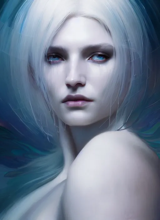 Image similar to a beautiful white haired sorceress, intricate, elegant, highly detailed, digital painting, artstation, concept art, smooth, sharp focus, cyberpunk darksynth, illuminated lines, enchanted magic, vaporware, dark smoky background, ethereal, misty, 8 k, by ruan jia and ilya kuvshinov and jeremy mann and alphonse mucha