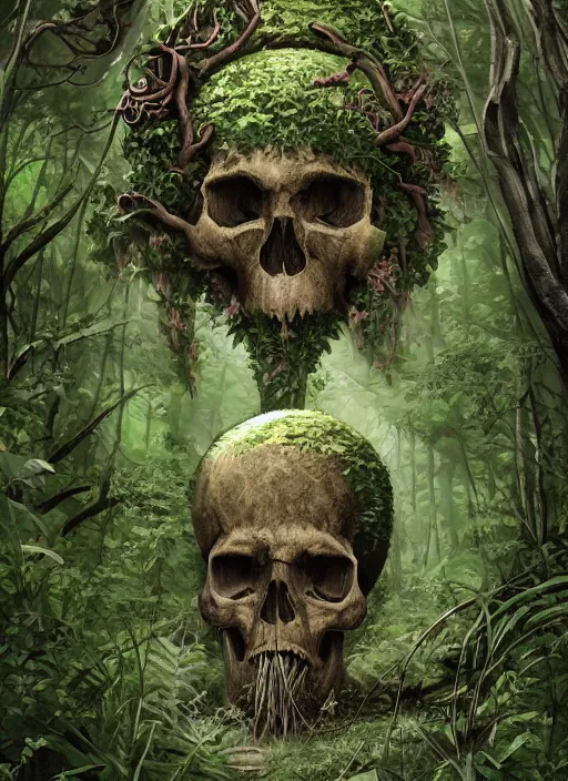 Prompt: A massive overgrown skull in a forest with trees and plants growing on it, overgrown with lush plants, thick and dense vines, digital art, trending on Artstation