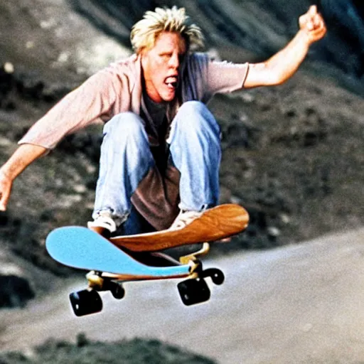 Image similar to gary busey doing a sweet skateboard trick off the lip of a volcano, movie still