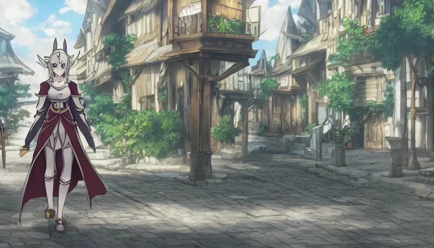 Prompt: Anime female knight elf • walking through the middle of an isekai town street • cinematic anime screenshot by the Studio JC STAFF