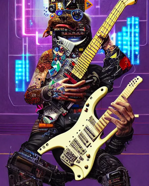 Image similar to a portrait of an anthropomorphic cyberpunk lama shredding an electric guitar by sandra chevrier, by jon foster, detailed render, tape deck, epic composition, cybernetics, 4 k realistic, cryengine, realistic shaded lighting, sharp focus, masterpiece, by enki bilal