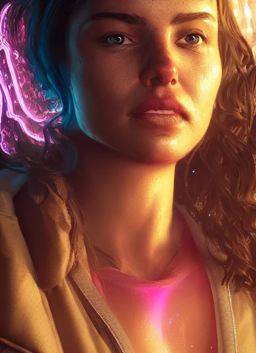 Image similar to glowwave portrait of michele from gta 5, au naturel, hyper detailed, digital art, trending in artstation, cinematic lighting, studio quality, smooth render, unreal engine 5 rendered, octane rendered, art style by klimt and nixeu and ian sprigger and wlop and krenz cushart.