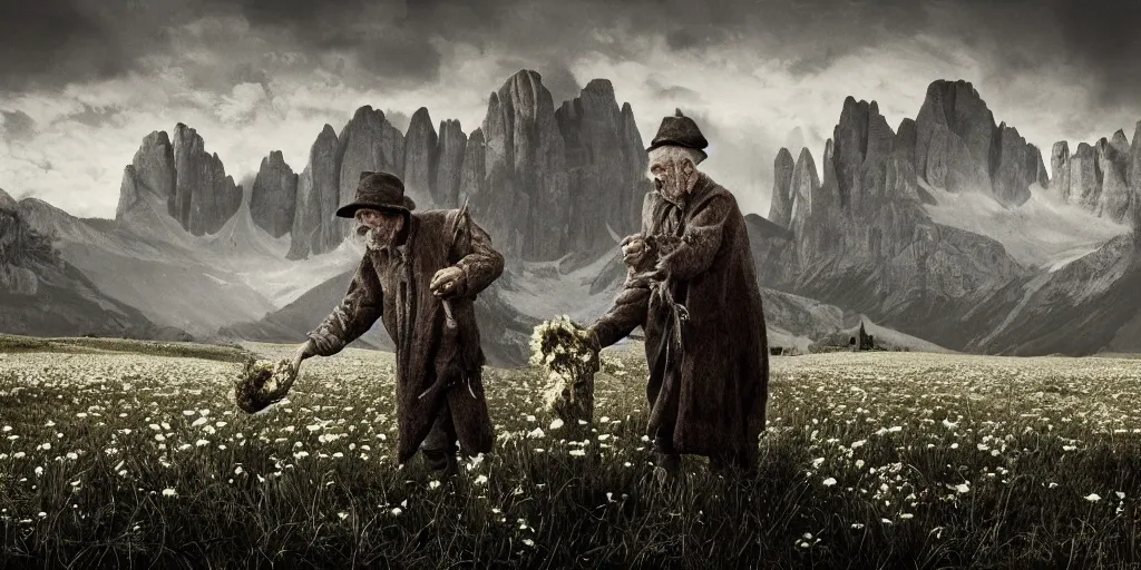 Image similar to old farmers turning into edelweiss monsters ,roots and hay coat, dolomites in background, dark, eerie, despair, portrait photography, artstation, digital art, adward winning, concept art, artstation, highly detailed, sharp focus, by caravaggio