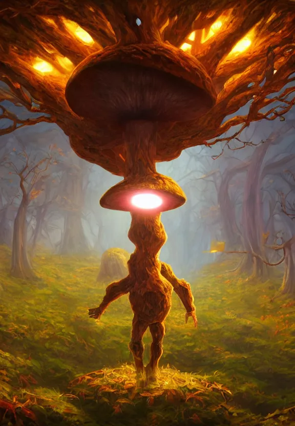 Image similar to cyber golem jumping over mushroom forest, sunny autumn, oil painting, symmetrical, glowing eyes, ultradetailed, 8 k, epic atmosphere, digital art by simon cowell and moebius