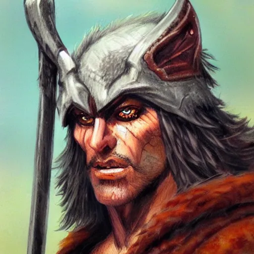 Image similar to Character portrait, face close up: Human Male Barbarian/Druid. Wolf, demon axe, hell. In the style of Ralph Horsley