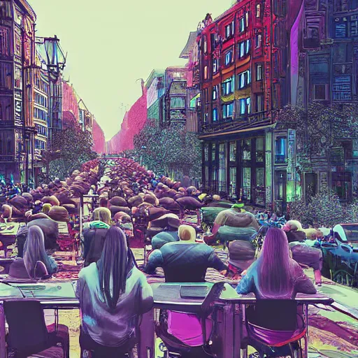 Image similar to people sitting in rows of desks in the middle of a city street, first person view from back row, dream - like atmosphere, high quality digital art