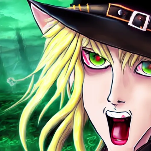 Image similar to witch cat wearing hat, big green eyes, Castlevania style.