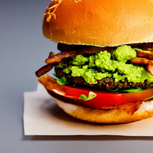 Image similar to vegan hamburger with guacamole and crispy fried onion and fried egg toppings, crispy buns, 8 k resolution, studio lighting, sharp focus, hyper - detailed