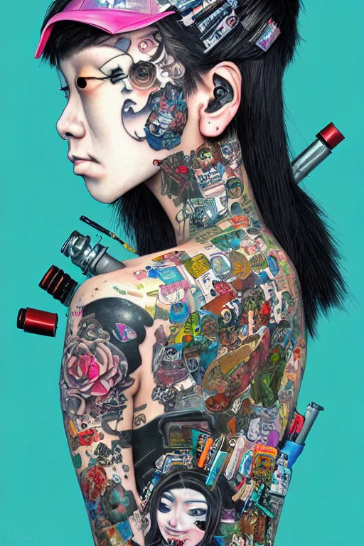 Image similar to full view, from a distance, of anthropomorphic trashcan who is a girl with tattoos from the novel neuromancer by william gibson, style of yoshii chie and hikari shimoda and martine johanna, highly detailed