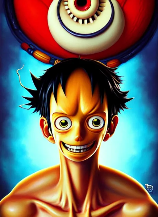 Image similar to lovecraftian portrait of luffy, pixar style, by tristan eaton stanley artgerm and tom bagshaw