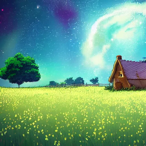 Image similar to A small lonely house in the middle of a flowery field. Beautiful view of the milky way in the night sky. Wide angle shot, award-winning digital art in the anime style by studio Ghibli