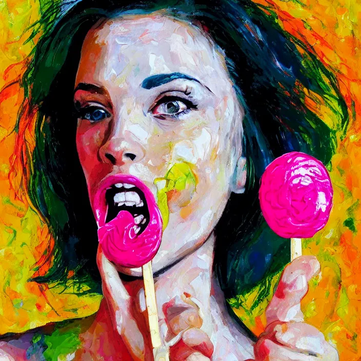 Image similar to portrait of beautiful woman licking a lollipop painted with colorful gouache impasto