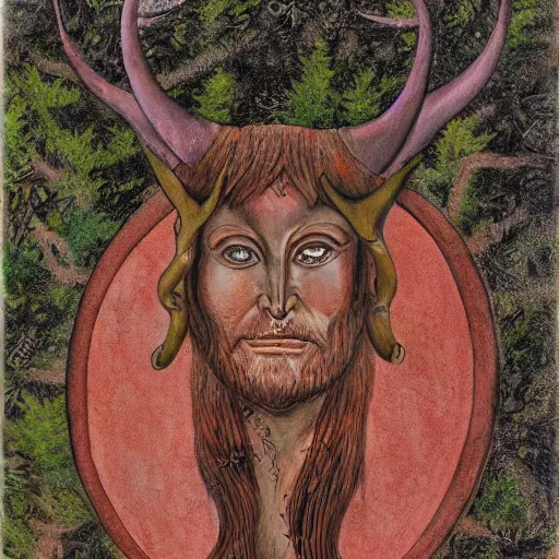 Prompt: portrait of horned god Pan in the forest