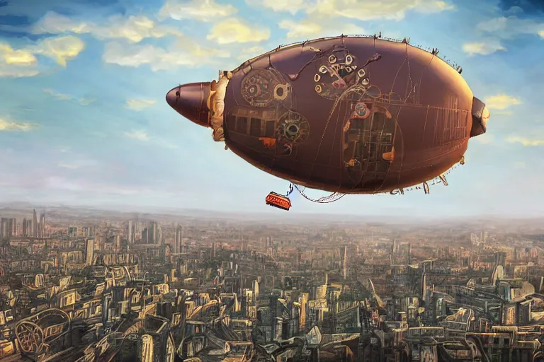 Image similar to a blimp in the shape of a pig, steampunk, digital art, extremely detailed, flying over a city