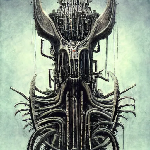 Image similar to Moloch, whose mind is pure machinery, eerie, sinister, horror, illustrated by Anne Stokes and H R Giger and Adrian Borda, super detailed, 4k, 8k