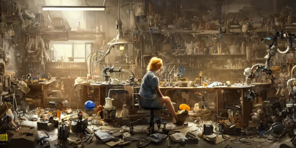 Image similar to an environmental concept art of a female scientist building a robot in a cluttered workshop, highly detailed, cinematic, dramatic lighting by francis tneh