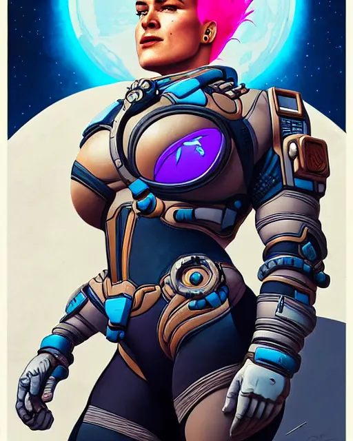 Image similar to zarya from overwatch, character portrait, portrait, close up, concept art, intricate details, highly detailed, vintage sci - fi poster, retro future, in the style of chris foss, rodger dean, moebius, michael whelan, and gustave dore