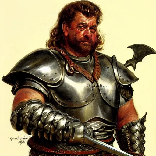 Image similar to portrait of john goodman wearing armor and holding sword by frank fazetta, fantasy, barbarian