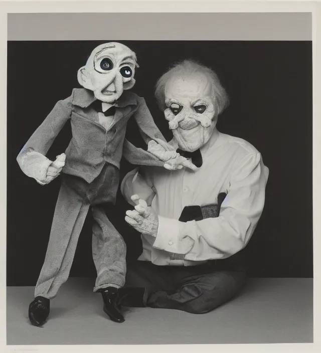 Image similar to hyper realistic old 1 9 8 0 photography of lunatic mad ventriloquist old man with terrific haunted puppet