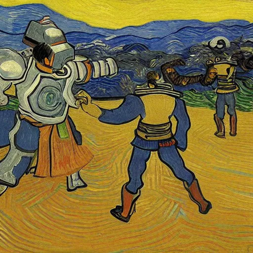 Prompt: samurai fights robots by van gogh