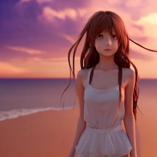 Image similar to Render of a very beautiful 3d anime girl, full body, long hair, hazel eyes, cute freckles, full round face, short smile, cute sundress, golden hour, serene beach setting, cinematic lightning, medium shot, mid-shot, highly detailed, trending on Artstation, Unreal Engine 4k, cinematic wallpaper