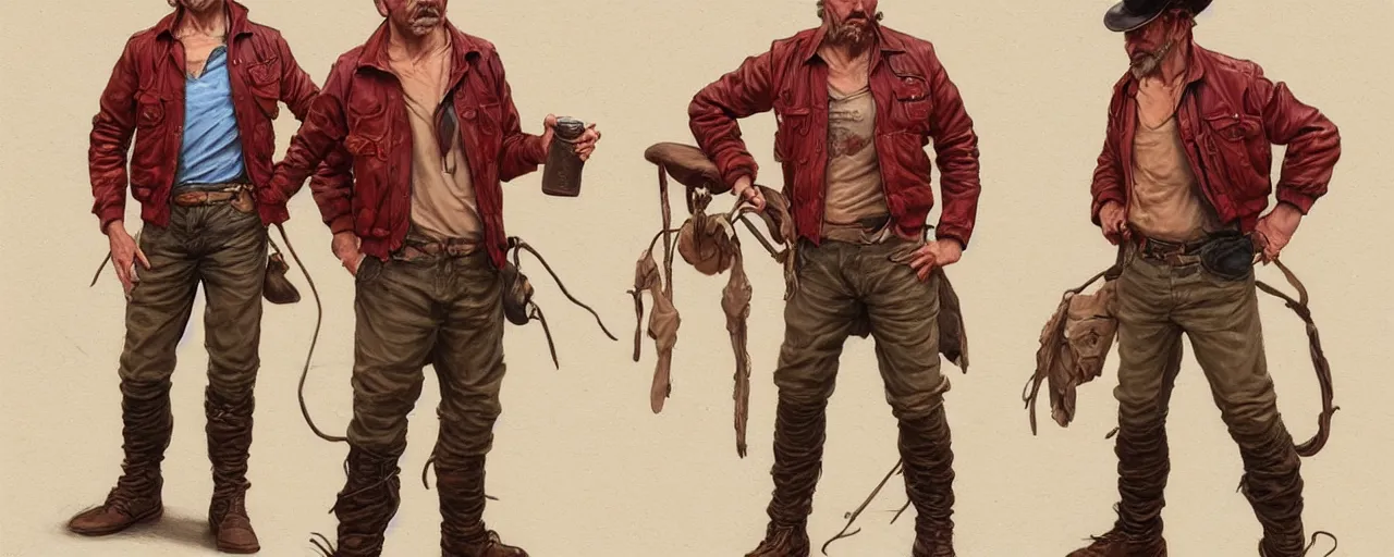 Image similar to character design, turnaround, uncropped, 40's adventurer, unshaven, optimistic, stained dirty clothing, straw hat, riding boots, red t-shirt, dusty brown bomber leather jacket, detailed, concept art, photorealistic, hyperdetailed, , art by Leyendecker and frazetta,