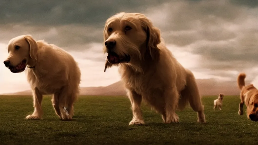 Prompt: all dogs go to heaven, film still from the movie directed by Denis Villeneuve with art direction by Salvador Dalí, wide lens