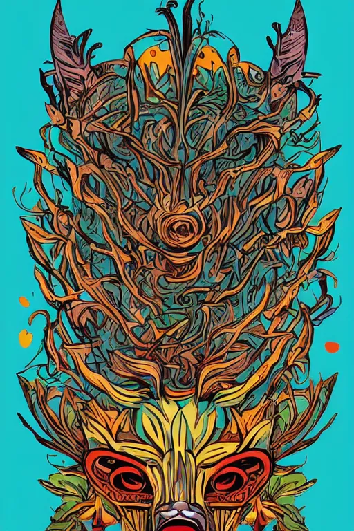 Image similar to animal mask totem roots flower tribal feather gemstone plant wood rock shaman vodoo video game vector cutout illustration vivid multicolor borderlands comics by josan gonzales and dan mumford radiating a glowing aura