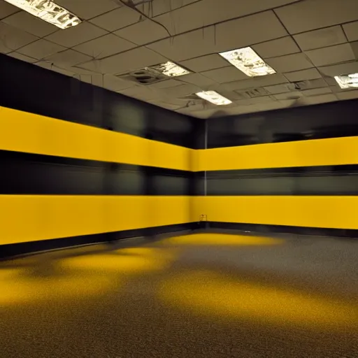 Image similar to an empty office space at night, eerie atmosphere, yellow hue