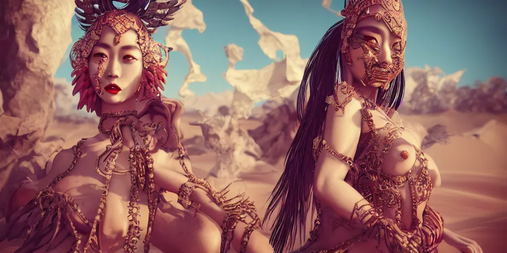 Image similar to giesha demon, innovative avant - garde art, deco fashion, asian women, highly detailed, photorealistic portrait, serene desert setting, crisp quality and light reflections, octane render, taror card with ornate border frame