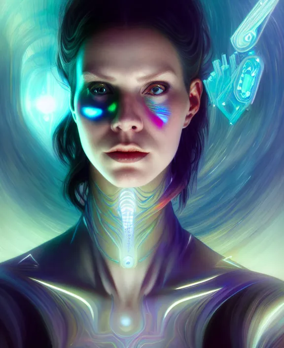 Image similar to a whirlwind of souls rushing inside the metaverse, hologram, half body, neurochip, shaved temple, piercing, jewelry, android, cyborg, cyberpunk face, by loish, d & d, fantasy, intricate, elegant, highly detailed, colorful, digital painting, artstation, concept art, art by artgerm and greg rutkowski and alphonse mucha