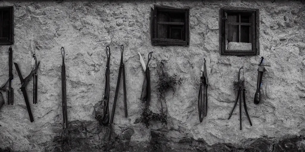 Prompt: photography of a wall with alpine farmer tools hanging down, old hut, alp, dolomites, alpine, detailed intricate insanely detailed octane render, 8k artistic 1920s photography, photorealistic, black and white, chiaroscuro, hd, by David Cronenberg, Raphael, Caravaggio