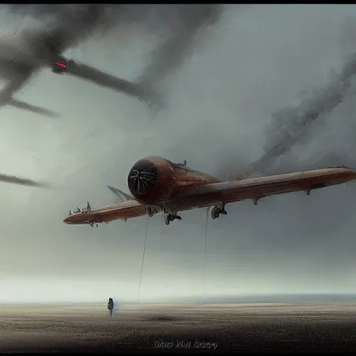 Image similar to huge steampunk aircraft, sky,, dense fog, jakub rozalski