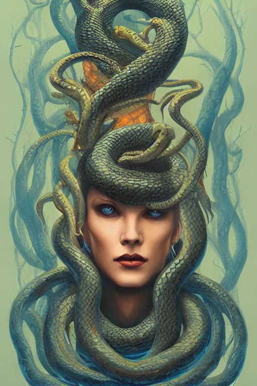 Prompt: queen of snakes, crown of snakes, blue skin, by Anato Finnstark, Tom Bagshaw, Brom