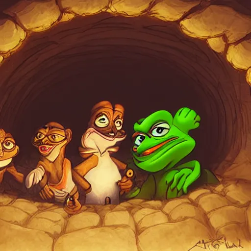 Image similar to a group of pepe digging in a tunnel by torchlight, artwork by Artgerm, Don Bluth