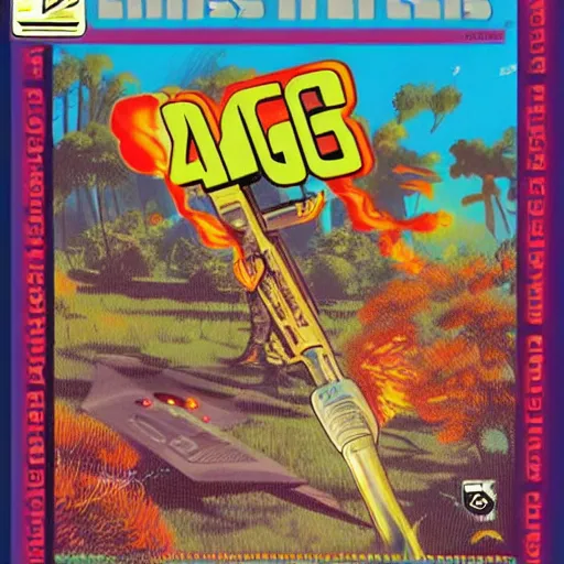 Prompt: video game box art of a commodore 6 4 game called bugs and flamethrowers, 4 k, highly detailed cover art.